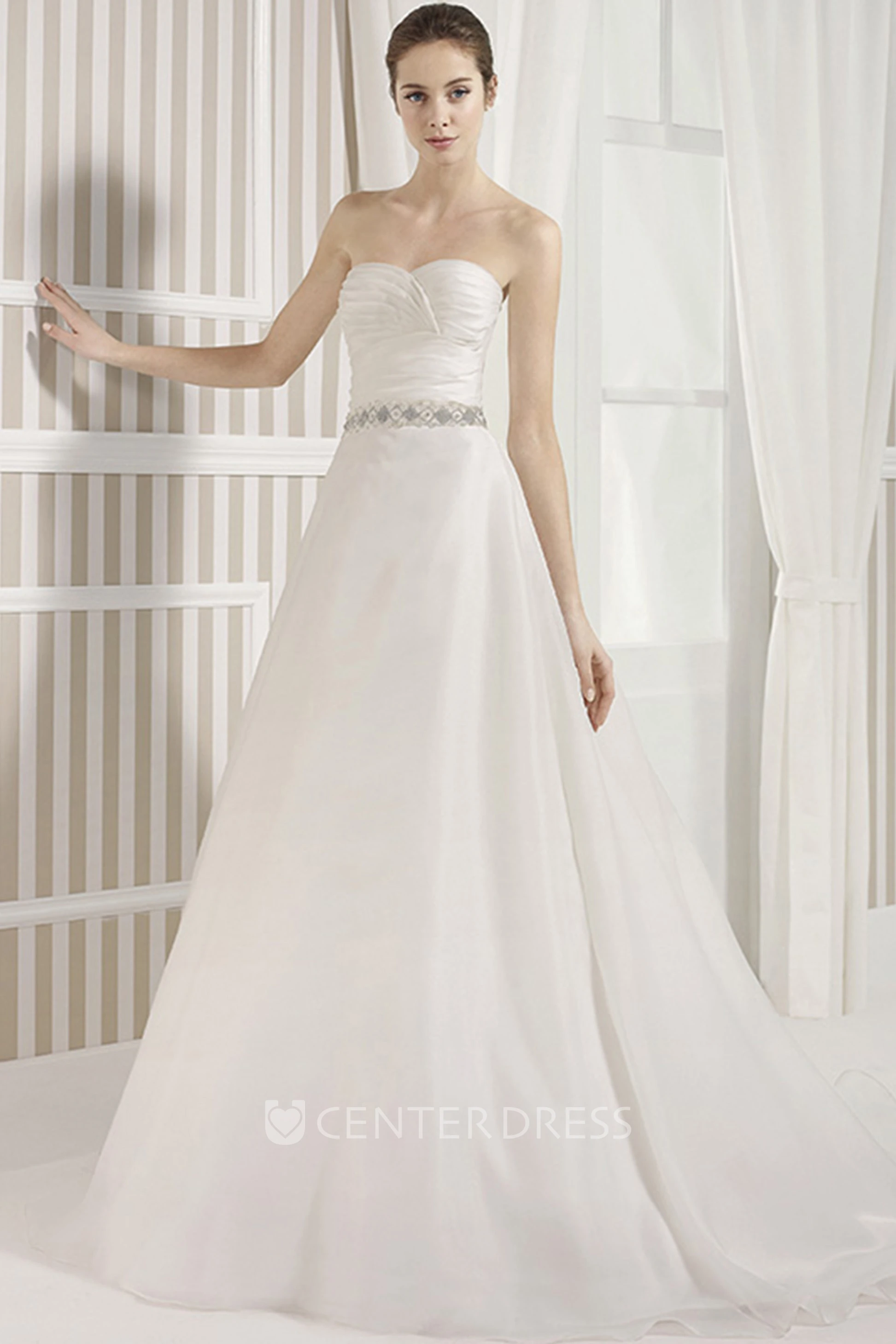 A-Line Long Sleeveless Criss-Cross Sweetheart Satin Wedding Dress With Waist Jewellery And Backless Style