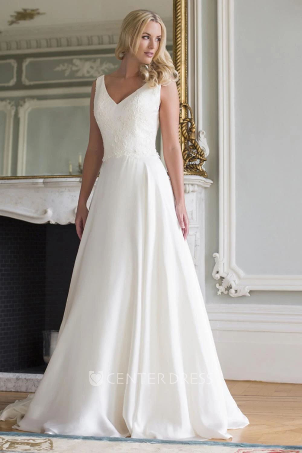 A-Line Long V-Neck Sleeveless Lace Wedding Dress