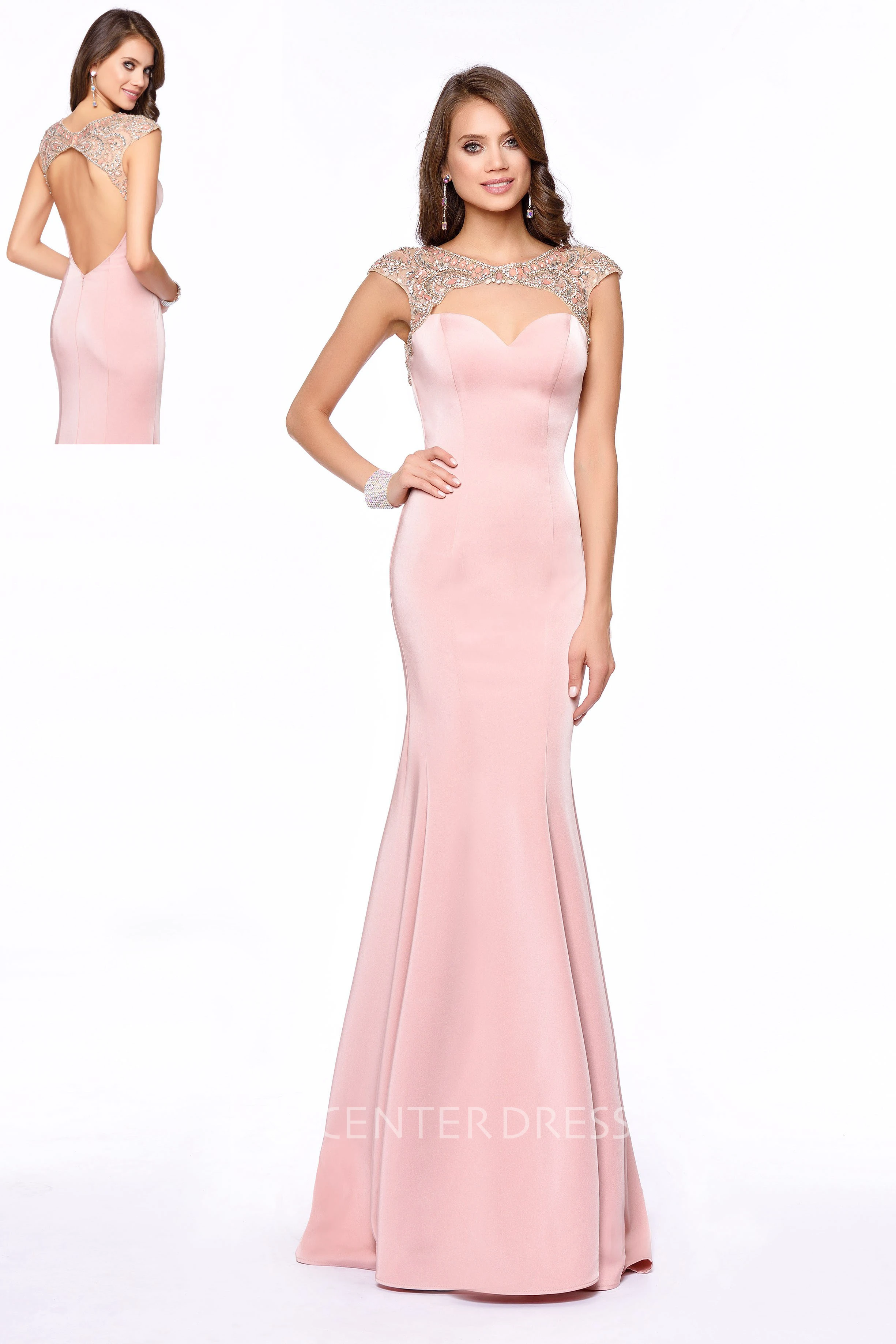 Sheath Maxi Scoop-Neck Cap-Sleeve Jersey Keyhole Dress With Beading
