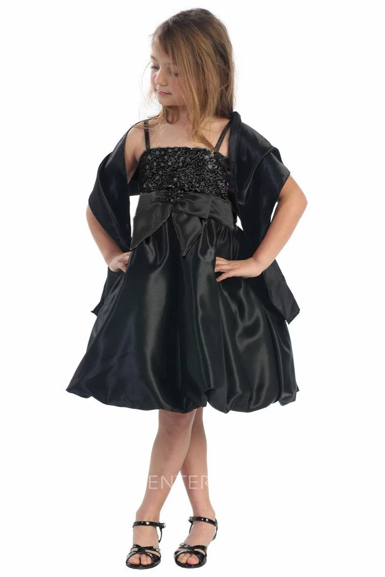 Knee-Length Spaghetti Cap-Sleeve Bowed Sequins&Satin Flower Girl Dress With Cape
