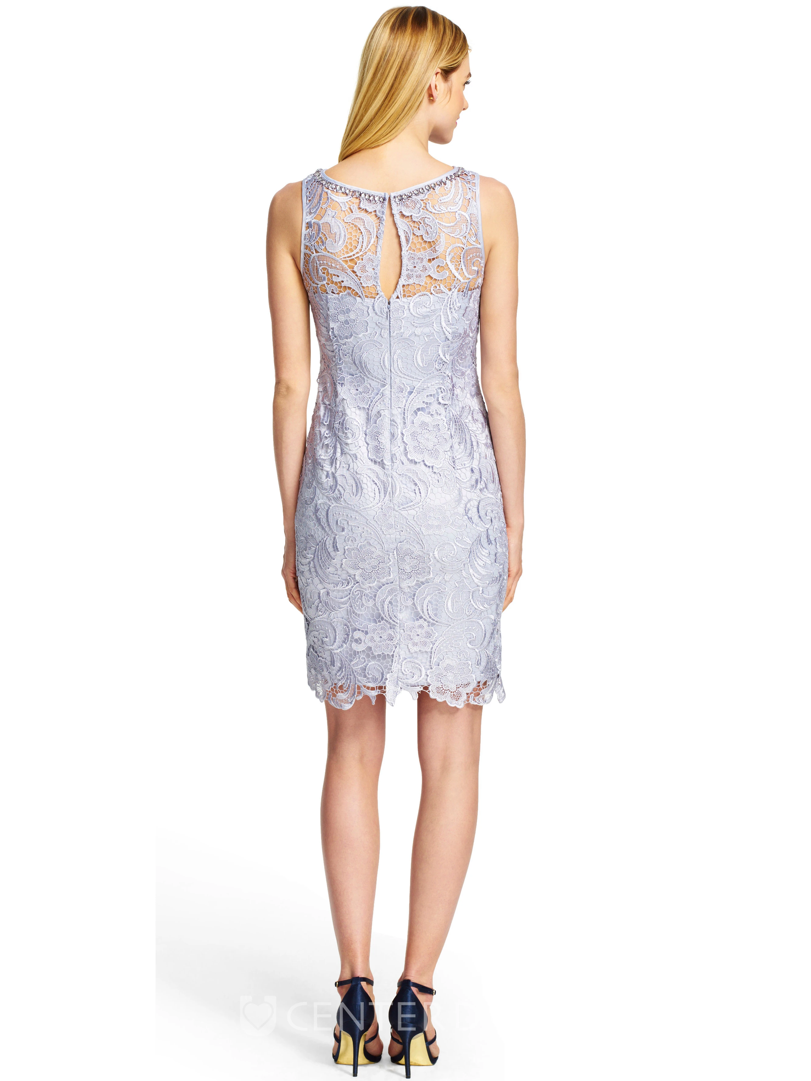 Short Sheath Bateau Neck Beaded Sleeveless Lace Bridesmaid Dress With Keyhole
