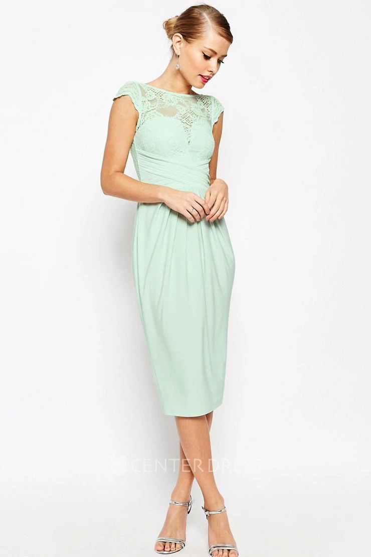 Tea-Length Sheath Lace Bateau Neck Cap Sleeve Chiffon Bridesmaid Dress