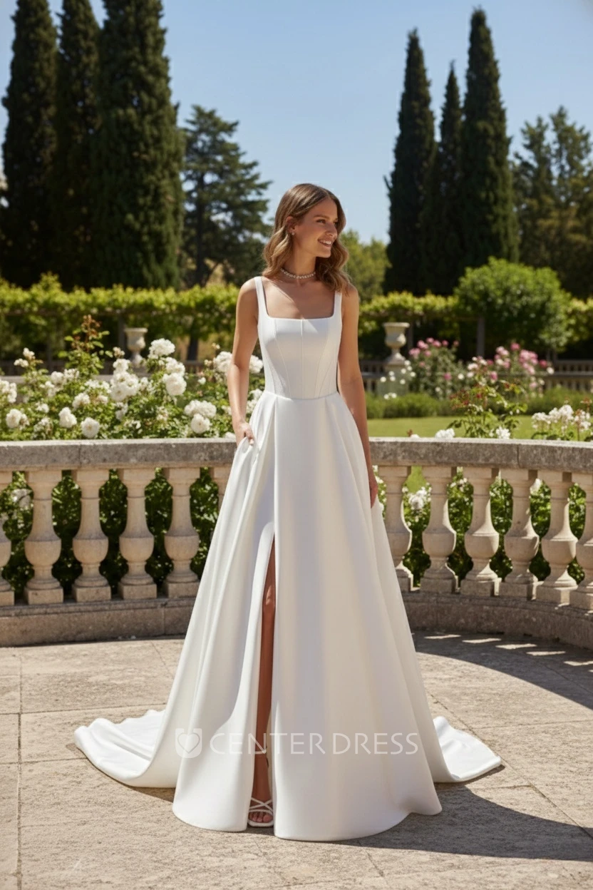 Minimalist Casual A-Line Square Neck Spring Wedding Dress Simple Romantic Pleated Side Slit Low Back Court Train Bridal Gown