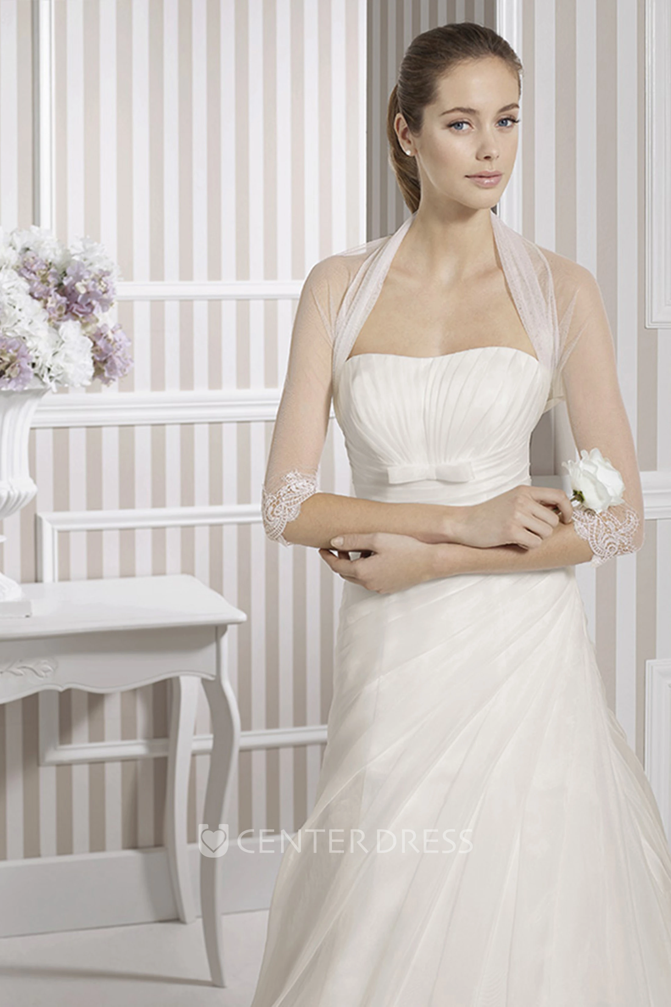 A-Line Sleeveless Strapless Floor-Length Side-Draped Tulle Wedding Dress With Cape