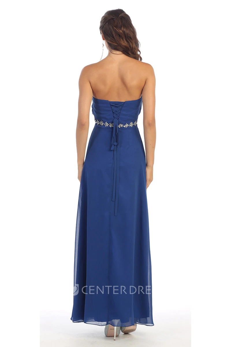 A-Line Strapless Chiffon Corset Back Dress With Waist Jewellery And Pleats