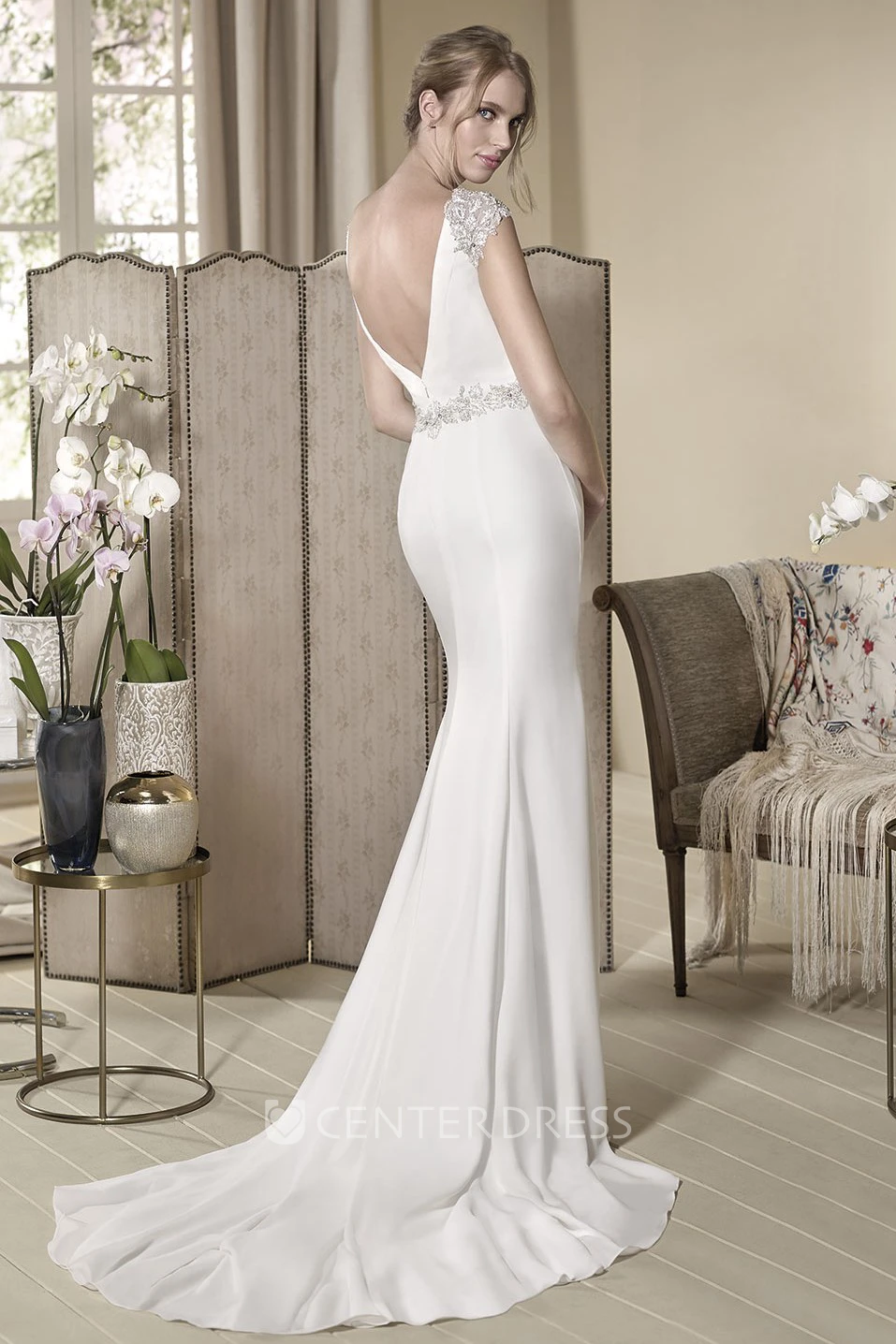 Sheath Cap-Sleeve Crystal Jewel-Neck Long Jersey Wedding Dress