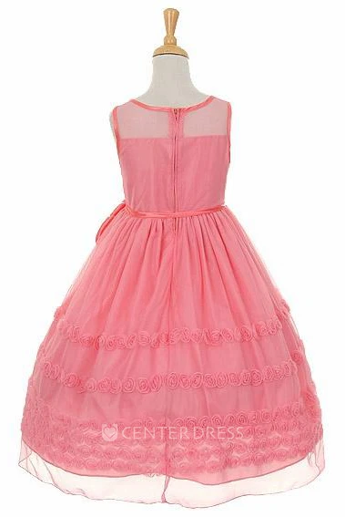 Embroideried Tea-Length Tiered Floral Flower Girl Dress With Sash