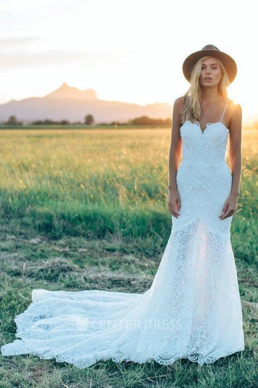 Sheath Spaghetti Lace Zipper Deep-V Back Wedding Dress