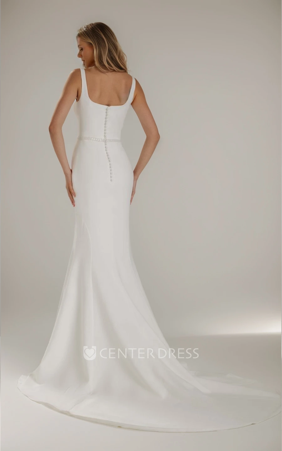 Simple Elegant Satin Mermaid Warm Wedding Dress with Square Neck and Court Train Modern Bridal Gown