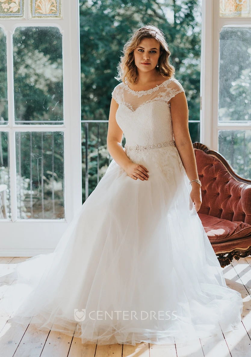 A-Line Long Scoop Neck Short Sleeve Tulle Brush Train Low-V Back Waist Jewellery Dress