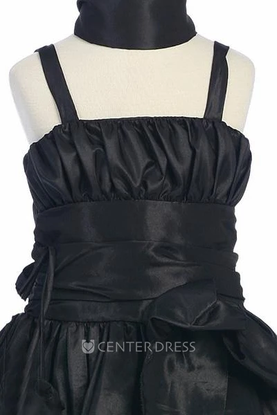 Tea-Length Straps Bowed Split-Front Taffeta Flower Girl Dress