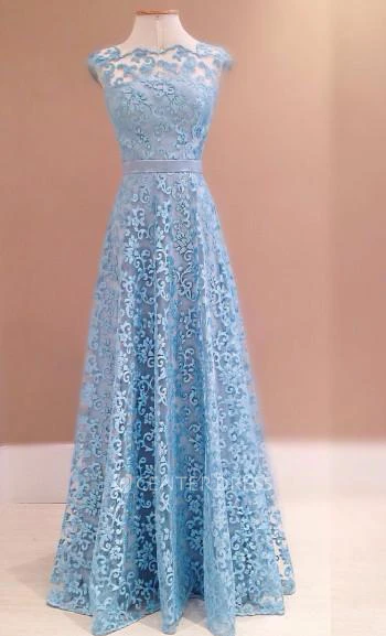 Gorgeous Blue Lace Evening Dress Sleeveless Floor Length