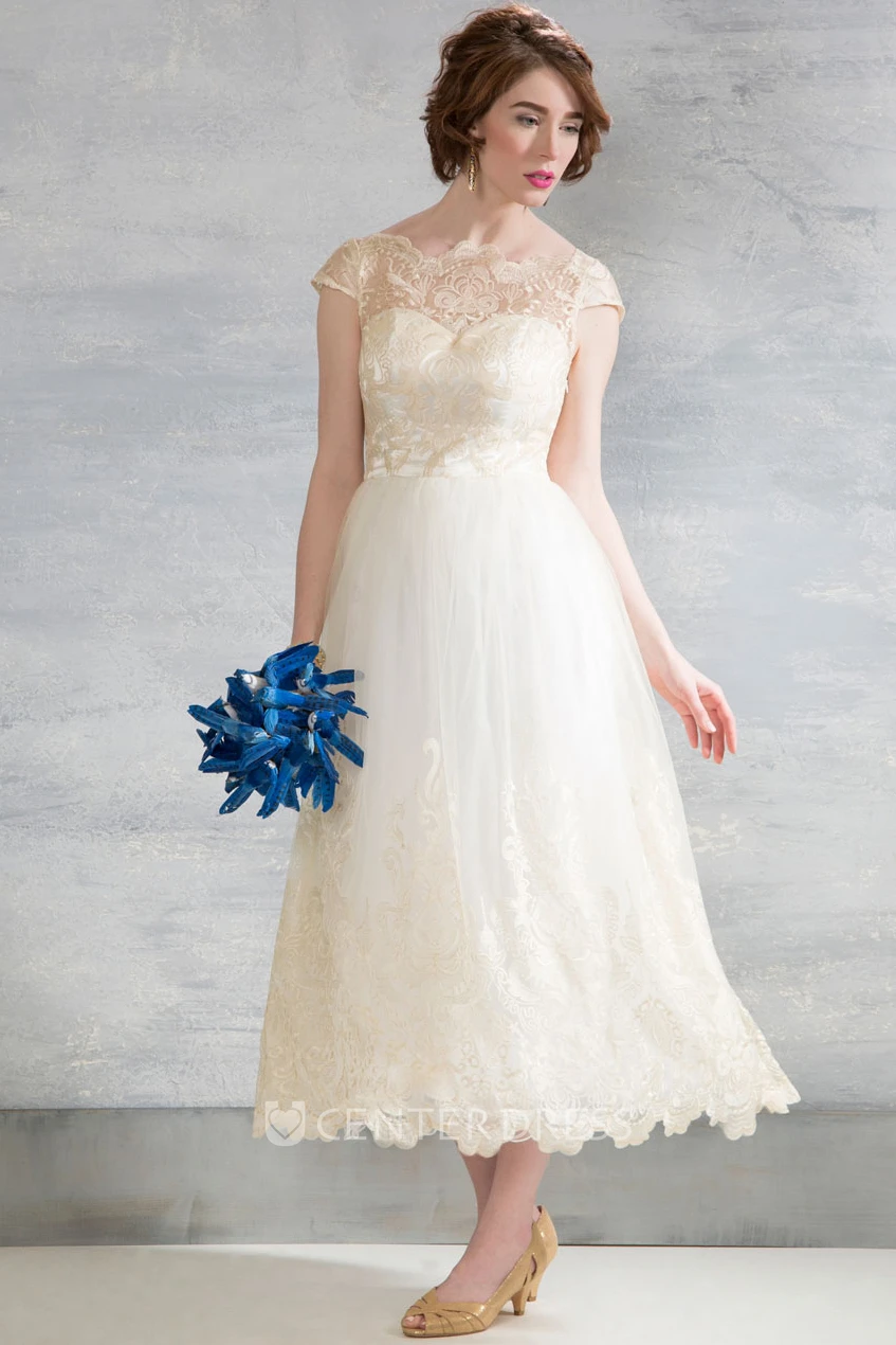 Tea-Length Bateau Neck Cap Sleeve Appliqued Tulle Wedding Dress