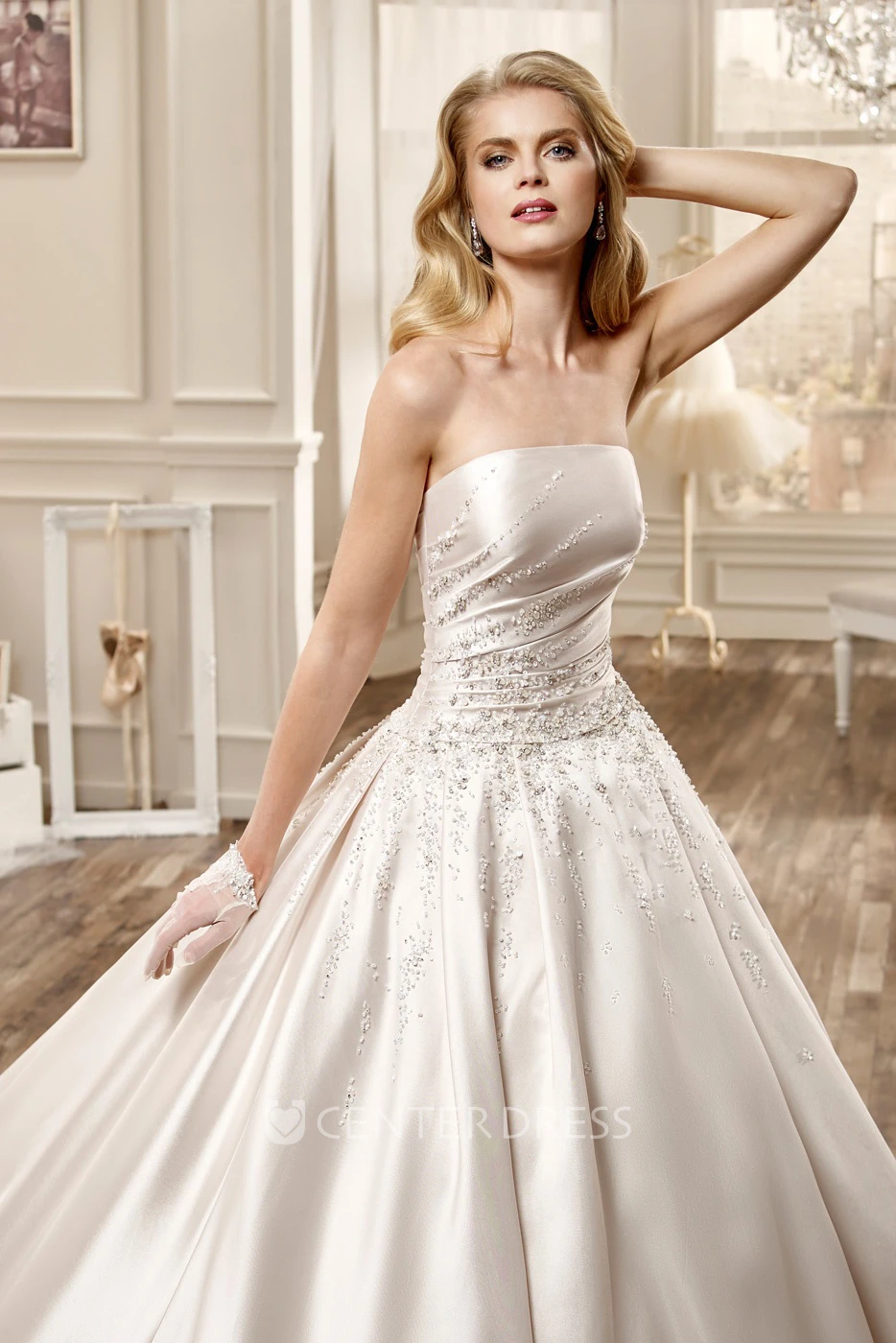Strapless Satin Long Wedding Dress With Beading Embellishment And Chapel Train