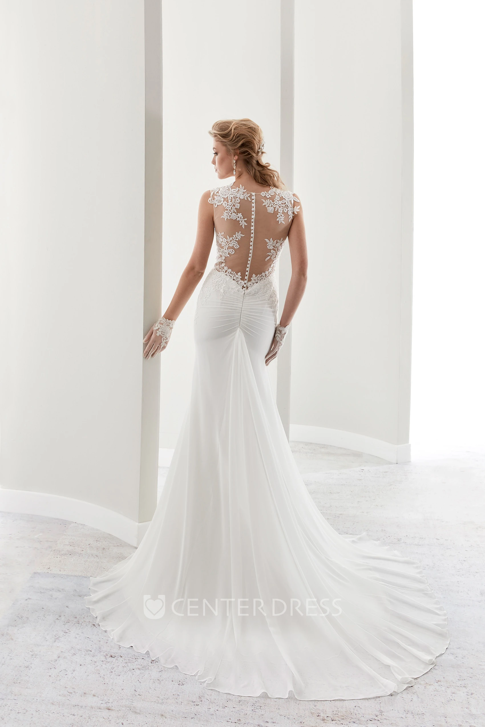 Cap Sleeve Sheath Lace Gown With Illusion Details And Court Train