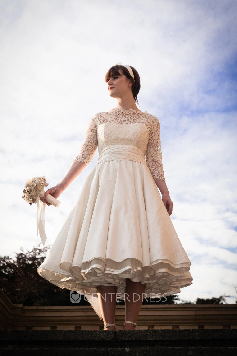 1950S High Neck Long Sleeve Pleated A-Line Tea Length Taffeta Wedding Dress
