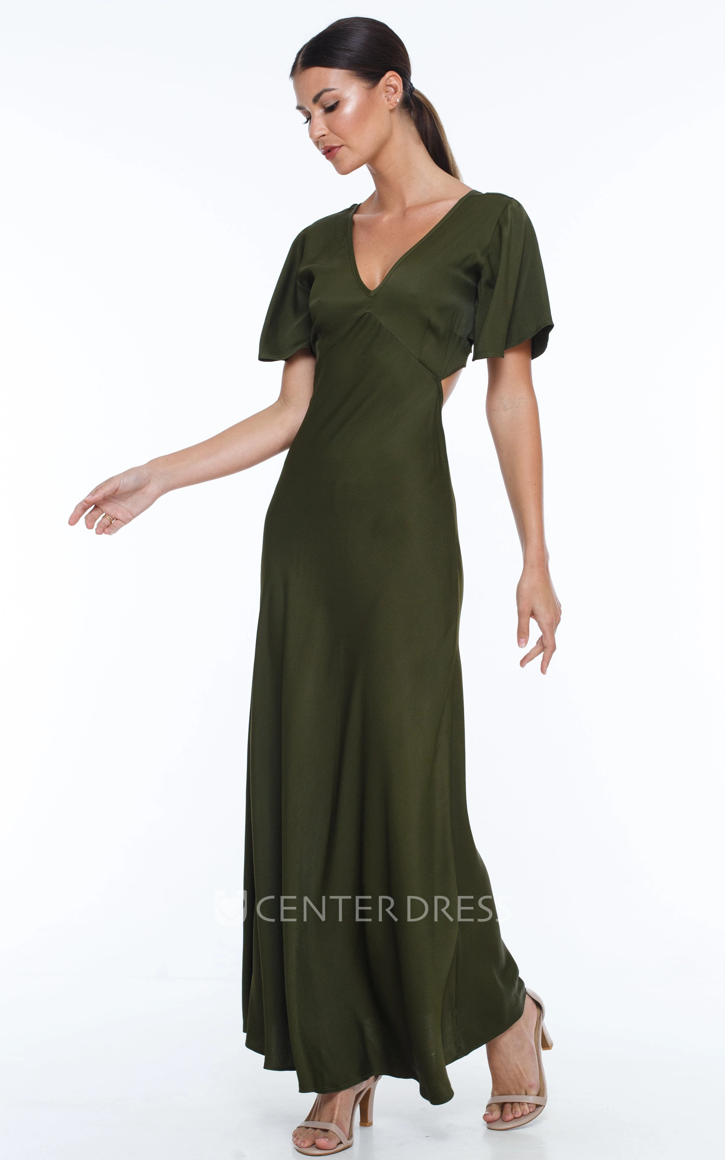 Casual Elegant V-neck Sheath Chiffon Bridesmaid Dress With Open Back And Bow