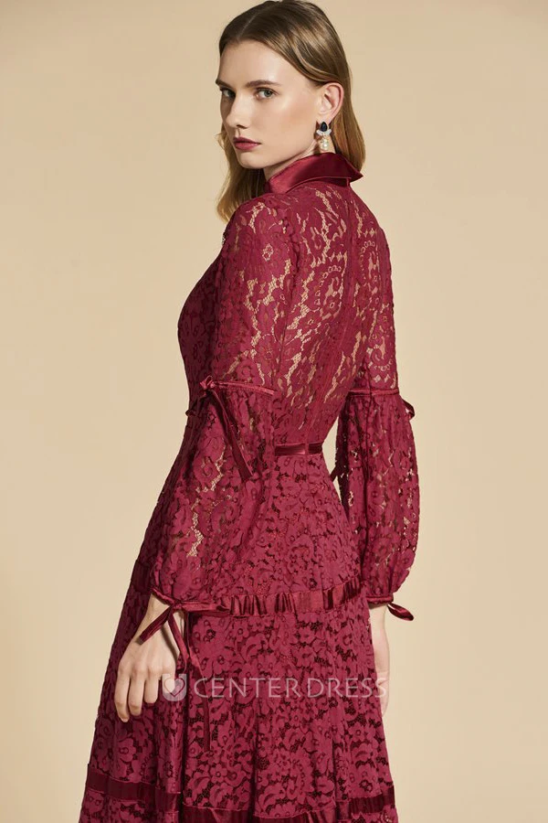 3/4 Sleeve Bow Appliqued High Neck Vintage Lace Sheath Dress