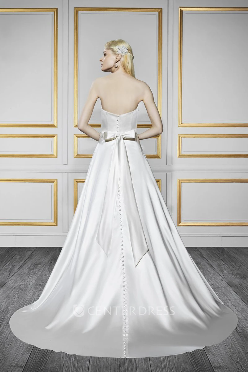 A-Line Sleeveless Strapless Floor-Length Jeweled Satin Wedding Dress With Bow And Backless Style