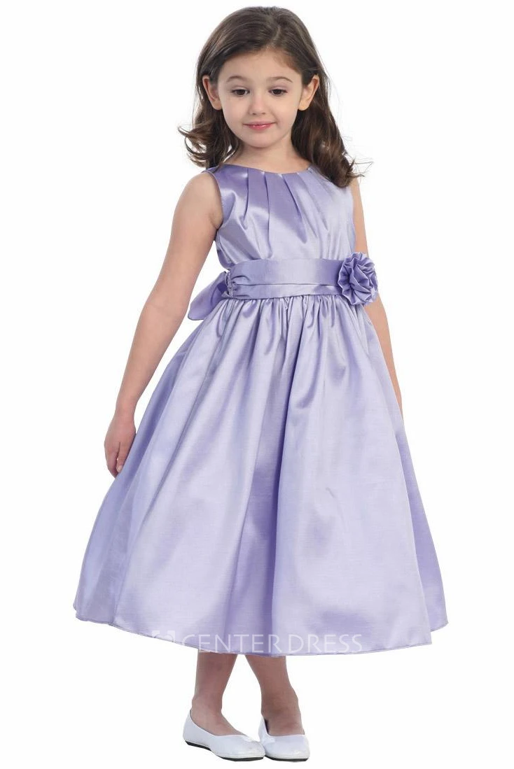 Tea-Length Pleated Taffeta Flower Girl Dress