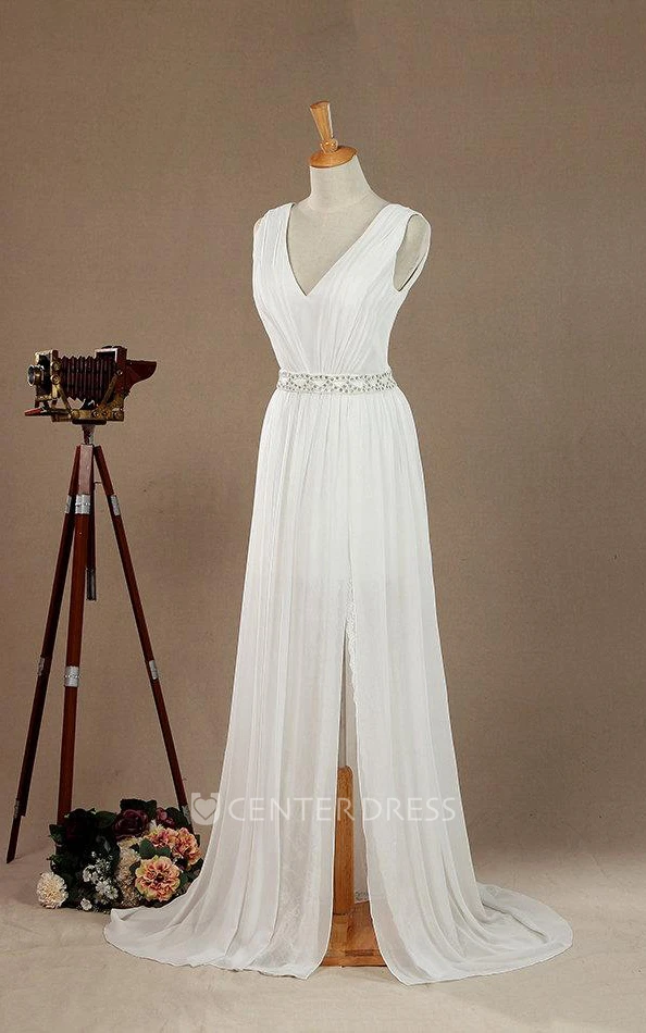 Maxi V-Neck Chiffon Lace Satin Weddig Dress With Low-V Back