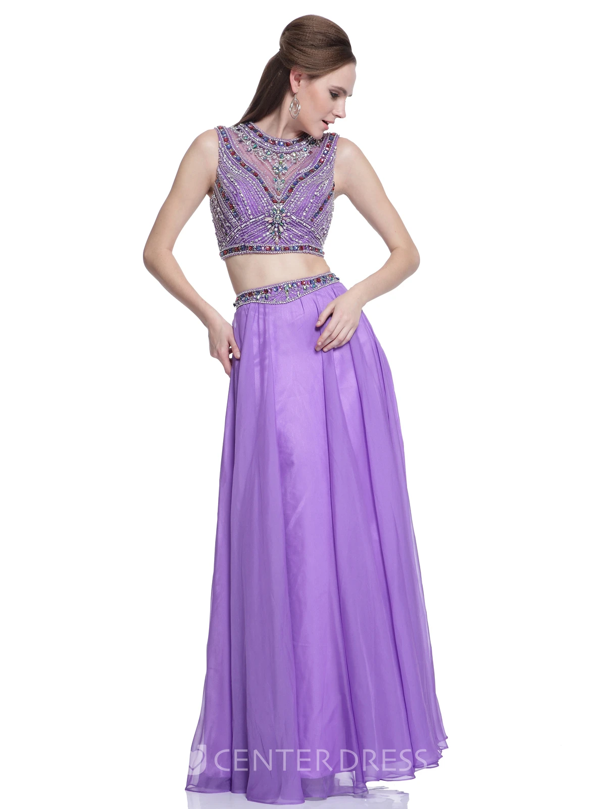 Two-Piece A-Line Maxi Scoop-Neck Sleeveless Illusion Dress With Beading