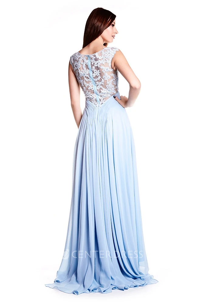 Cap Sleeve Bateau Neck Appliqued Chiffon Prom Dress With Illusion Back