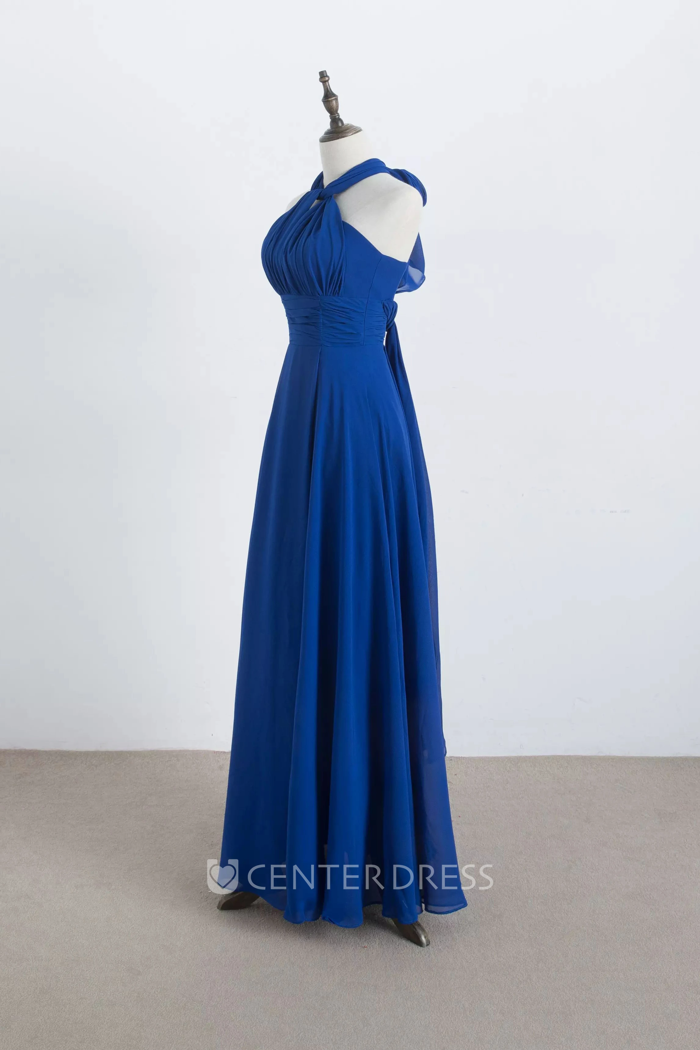 A-line Halter Sleeveless Floor-length Chiffon Bridesmaid Dress with Pleats