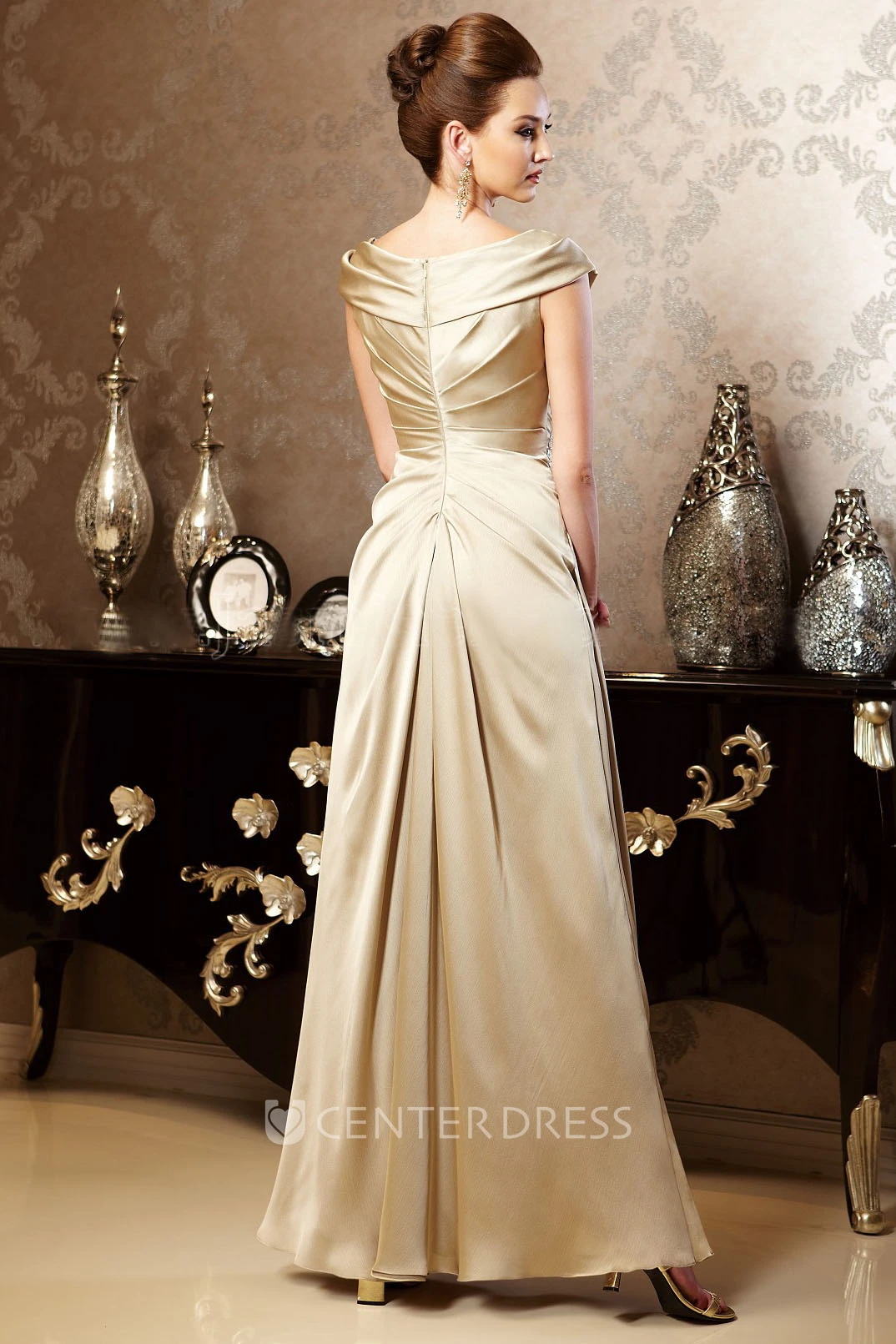 Cap-Sleeved Long Gown With Draping And Appliques