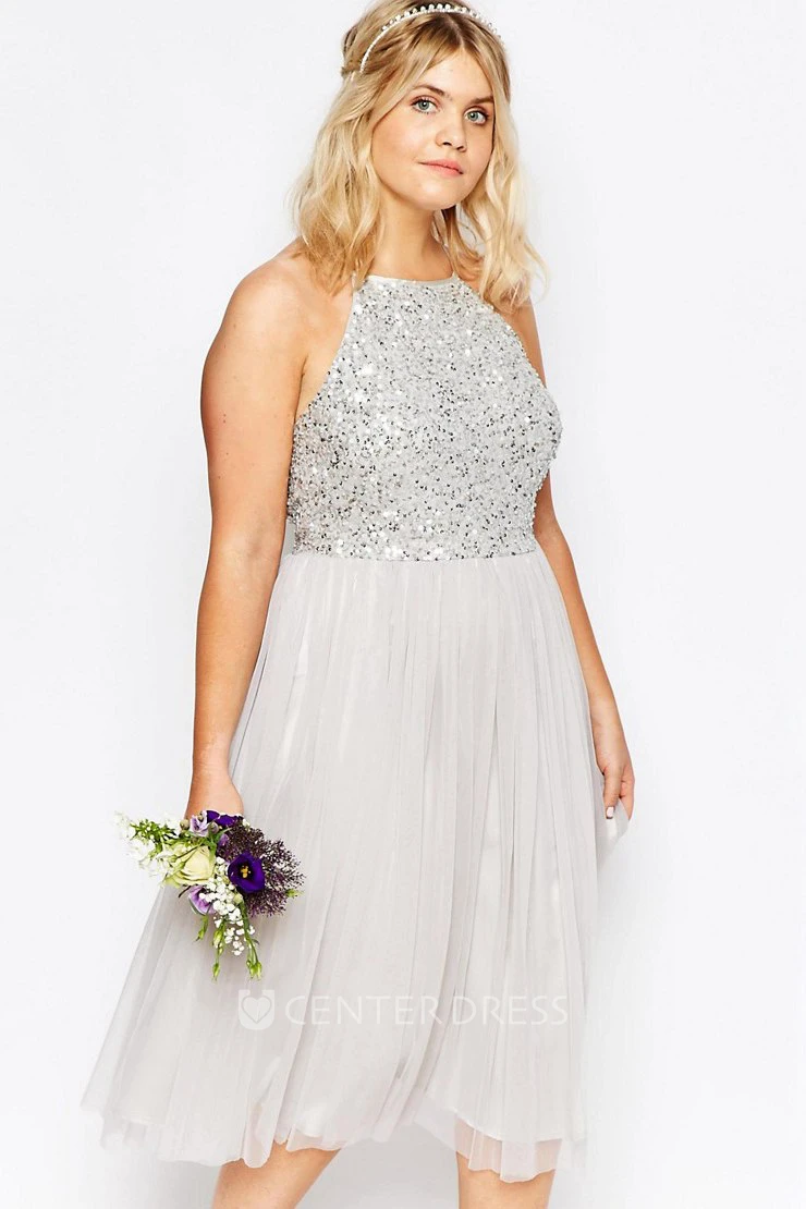 A-Line Sleeveless Scoop-Neck Sequined Tea-Length Tulle Bridesmaid Dress With Pleats