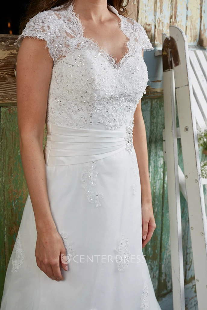 A-Line Beaded V-Neck Cap-Sleeve Lace Wedding Dress With Keyhole