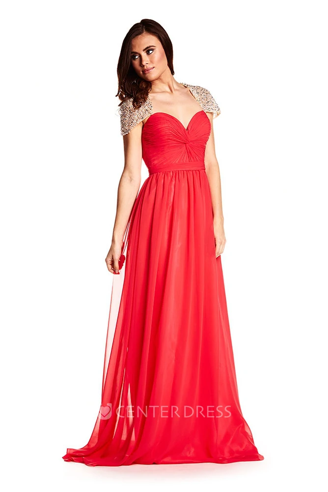 A-Line Cap-Sleeve Sweetheart Maxi Criss-Cross Chiffon Prom Dress With Keyhole Back And Beading