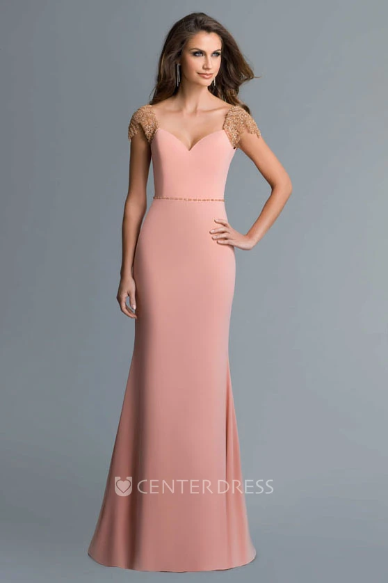 Sheath Maxi Cap-Sleeve Jersey Deep-V Back Dress