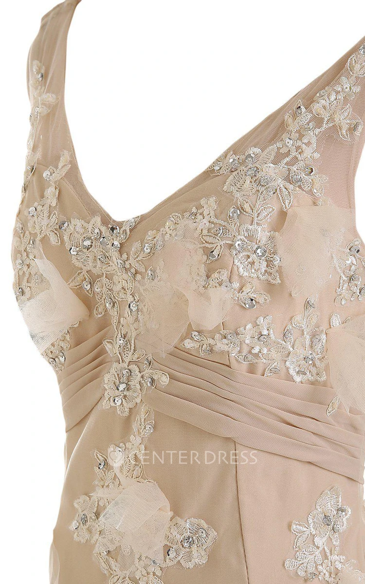 V-neck Mermaid Gown With Appliques and Pleats