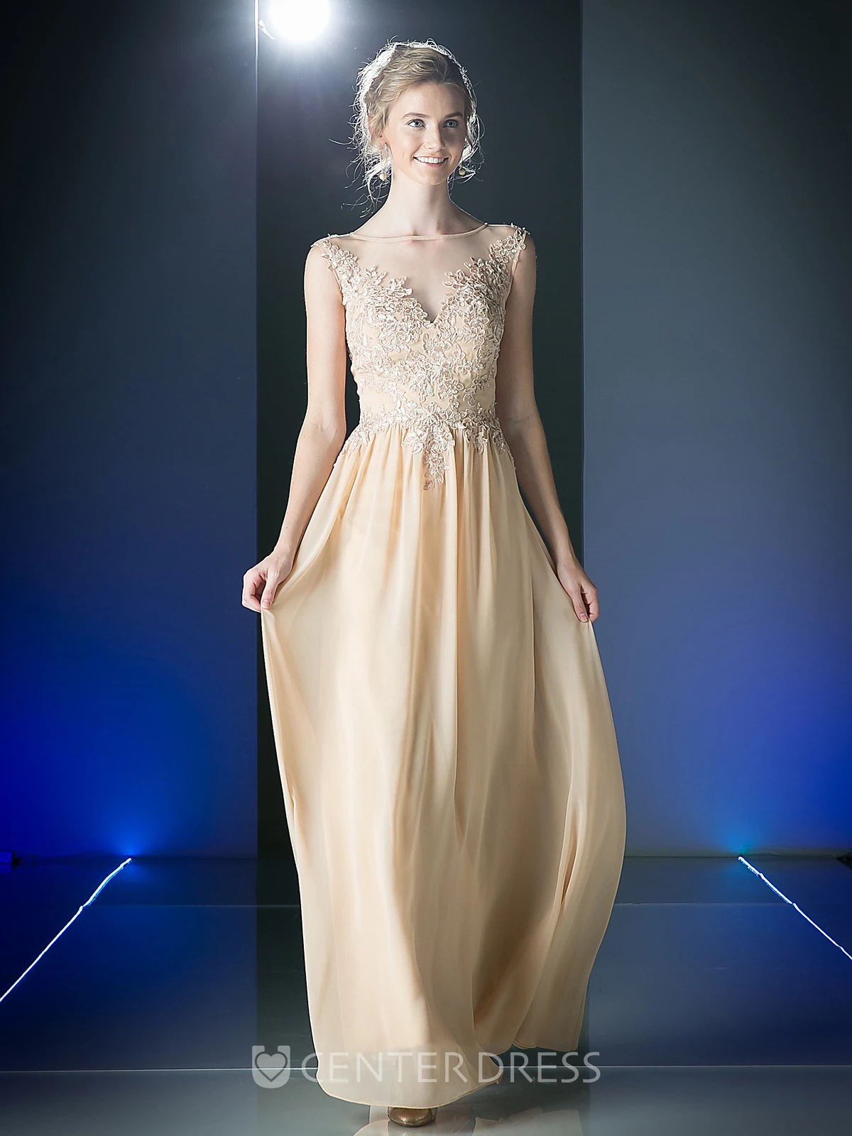 Sheath Ankle-Length Scoop-Neck Sleeveless Chiffon Illusion Dress With Appliques