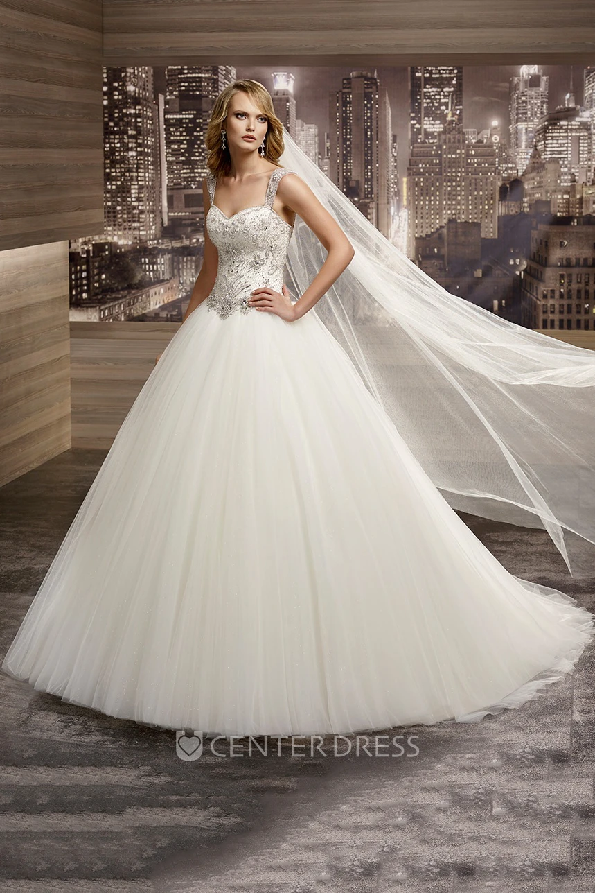 Sweetheart Brush-Train A-Line Bridal Gown With Beaded Corset And