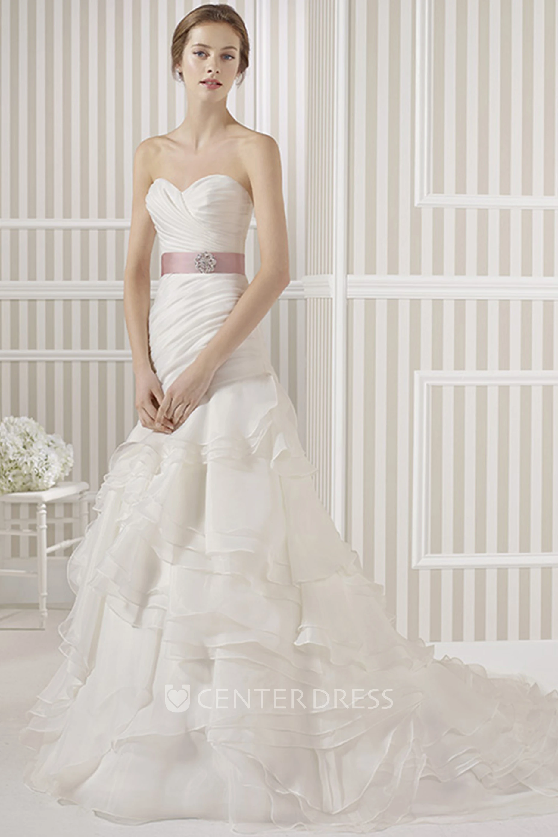 A-Line Sweetheart Long Organza Wedding Dress With Criss Cross And Tiers