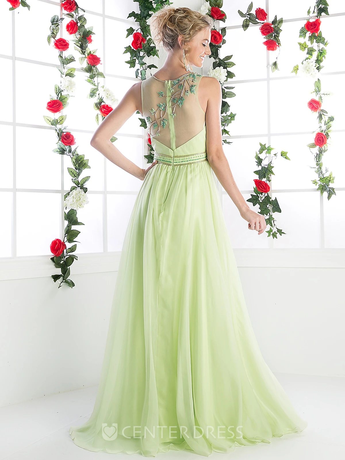 Sheath Scoop-Neck Sleeveless Chiffon Illusion Dress With Beading