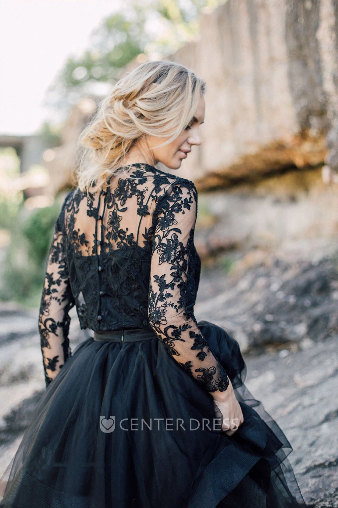 A-Line Long Sleeve Floor-length Scoop Button Illusion Appliques Lace Pleats Sash/Ribbon Black Wedding Dress