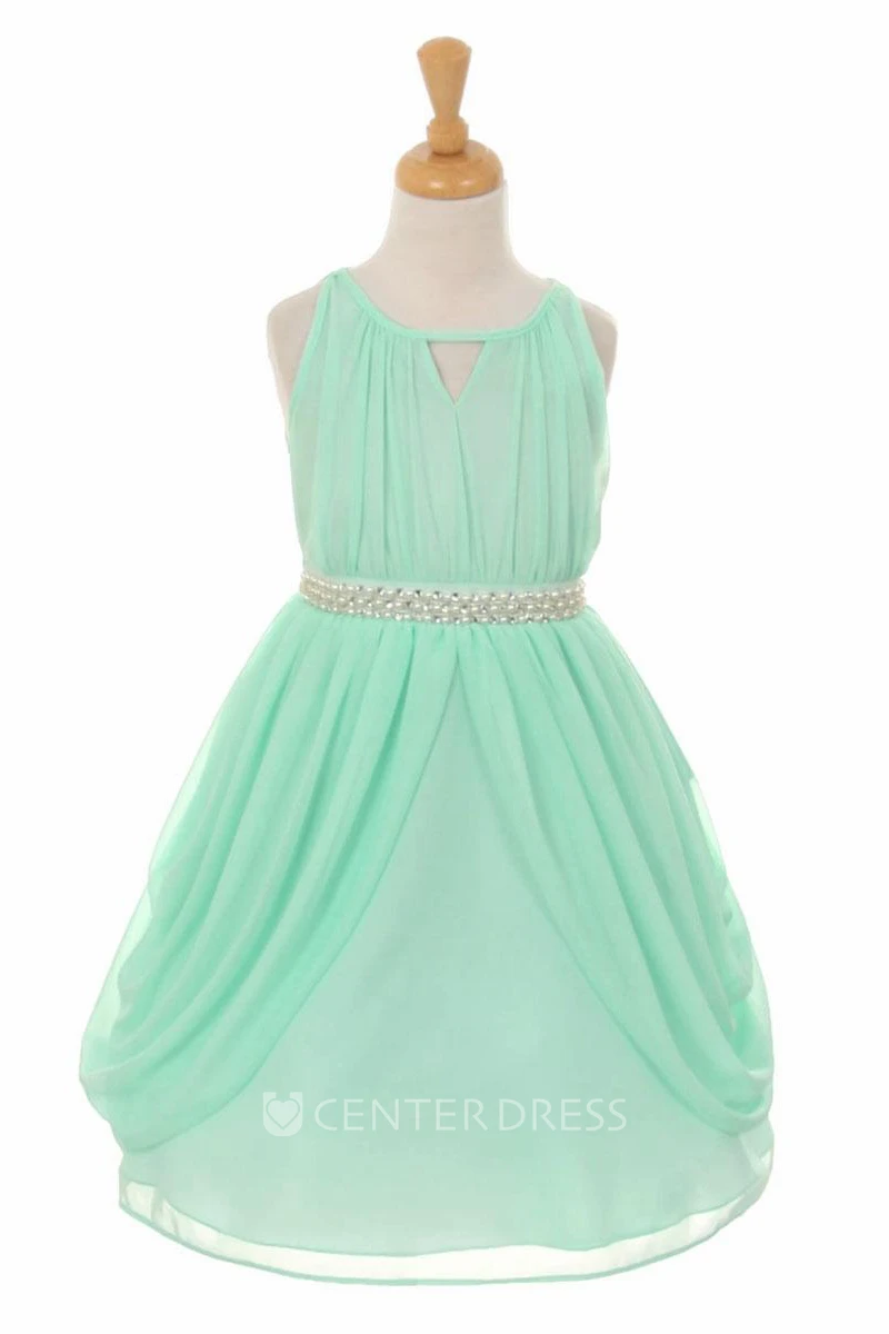 Tea-Length High Neck Pleated Tiered Chiffon Flower Girl Dress With Ribbon