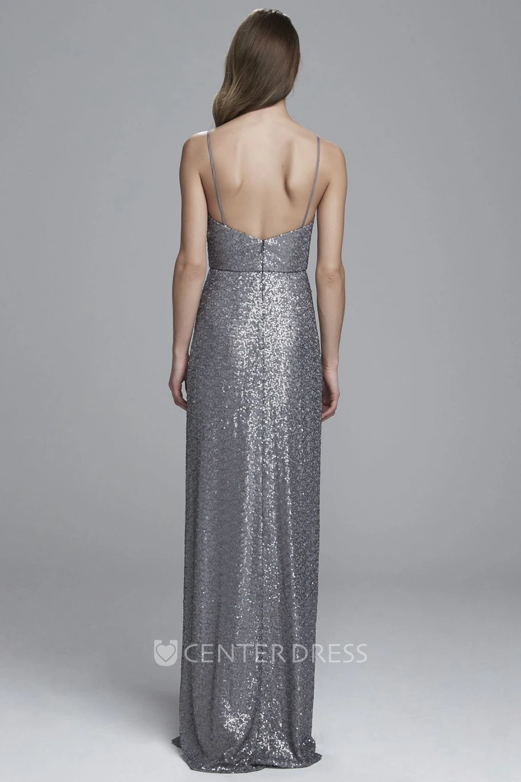 Sheath Spaghetti Sleeveless Split-Front Sequin Bridesmaid Dress