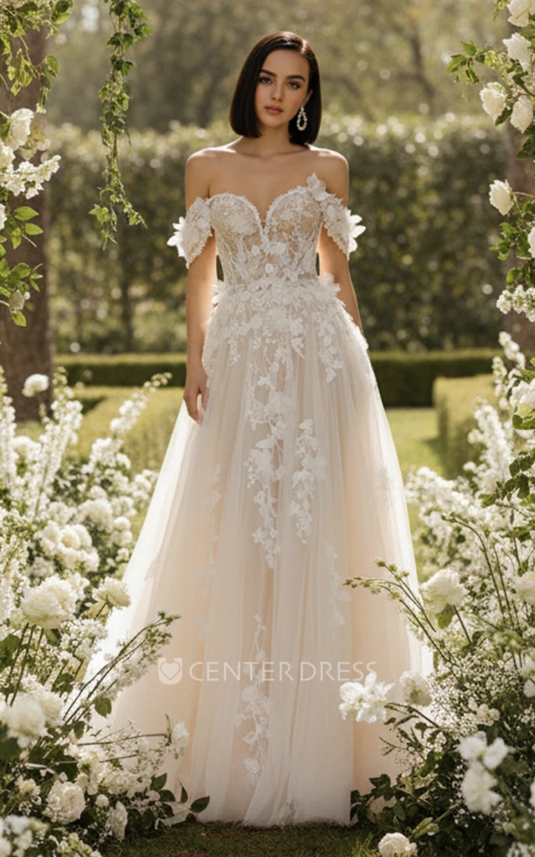 Elegant Off Shoulder A-Line Wedding Dress with Floral Lace Appliques and Tulle Skirt Garden Ceremony Bridal Gown