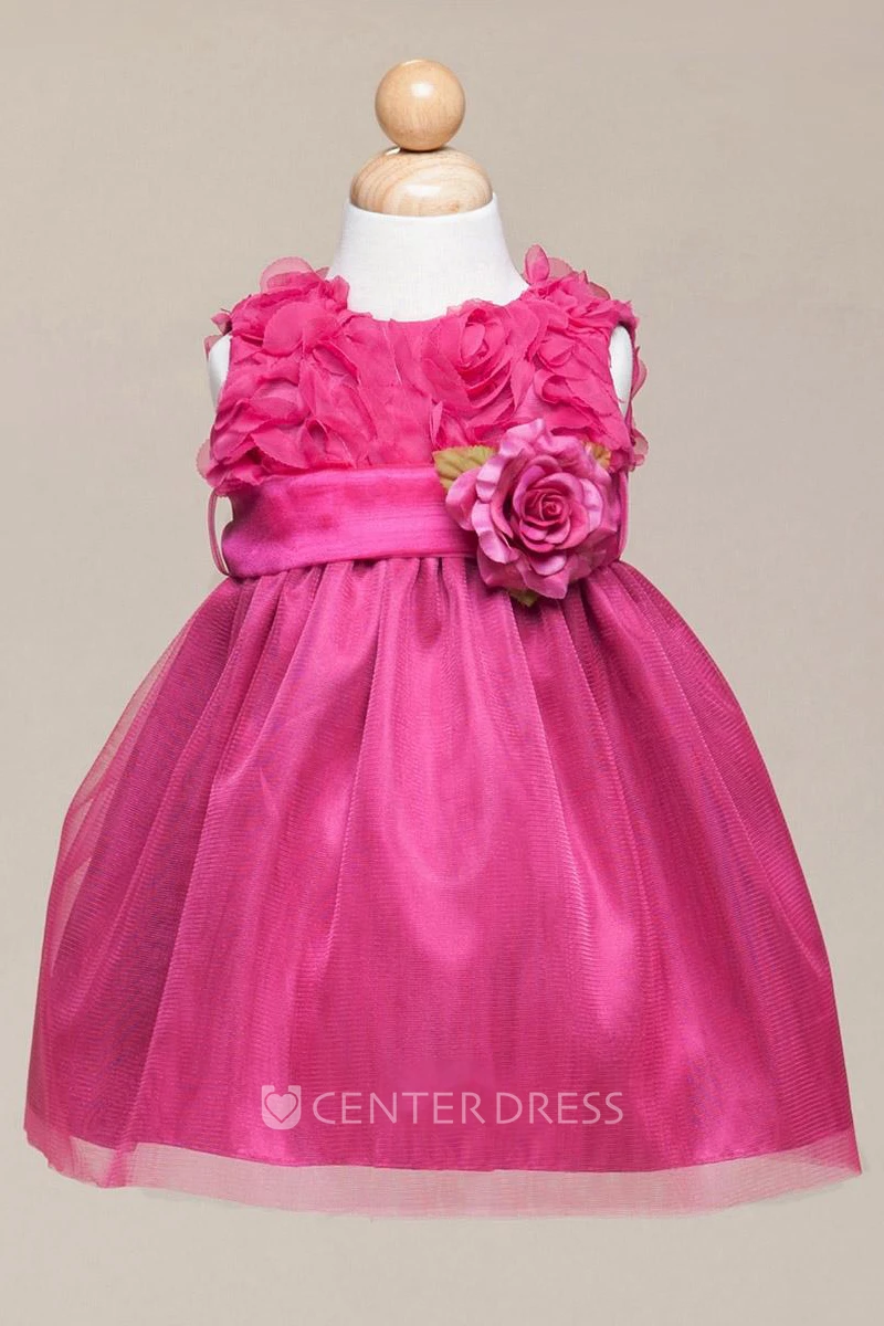 Floral Tea-Length Tiered Empire Tulle Flower Girl Dress With Embroidery