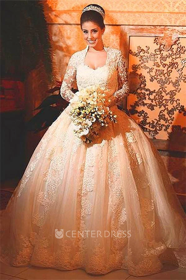 Modern Lace Long Sleeve Wedding Dress Ball Gown Button Zipper Back