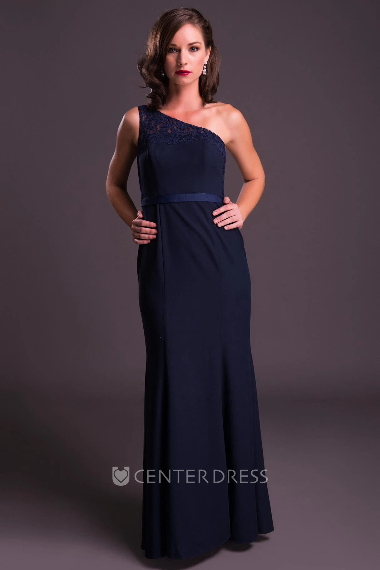 Floor-Length Sleeveless One-Shoulder Appliqued Chiffon Prom Dress