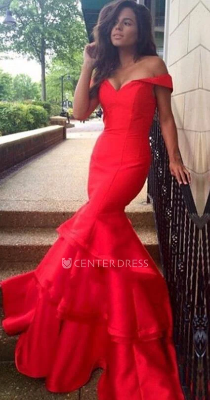 Sexy Red Mermaid Prom Dress Off the Shoulder With Ruffles