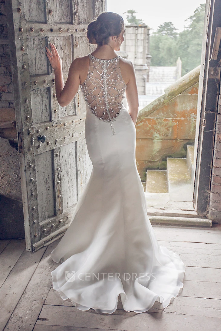 Maxi Scoop Beaded Satin Wedding Dress With Sweep Train And Illusion