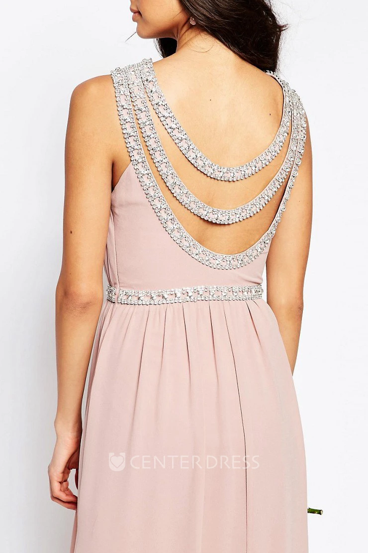 Ankle-Length Beaded Sleeveless Scoop Neck Chiffon Bridesmaid Dress