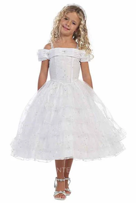 Tea-Length Split-Front Pleated Lace&Sequins Flower Girl Dress With Tiers