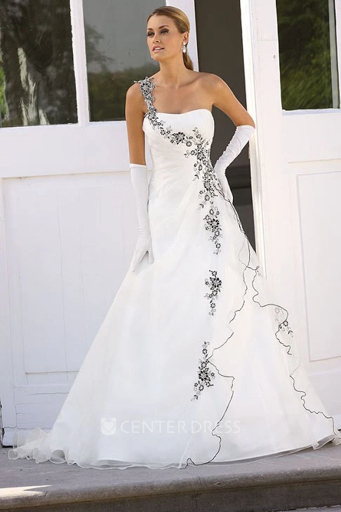 A-Line Draped Off-The-Shoulder Satin&Tulle Wedding Dress With Zipper